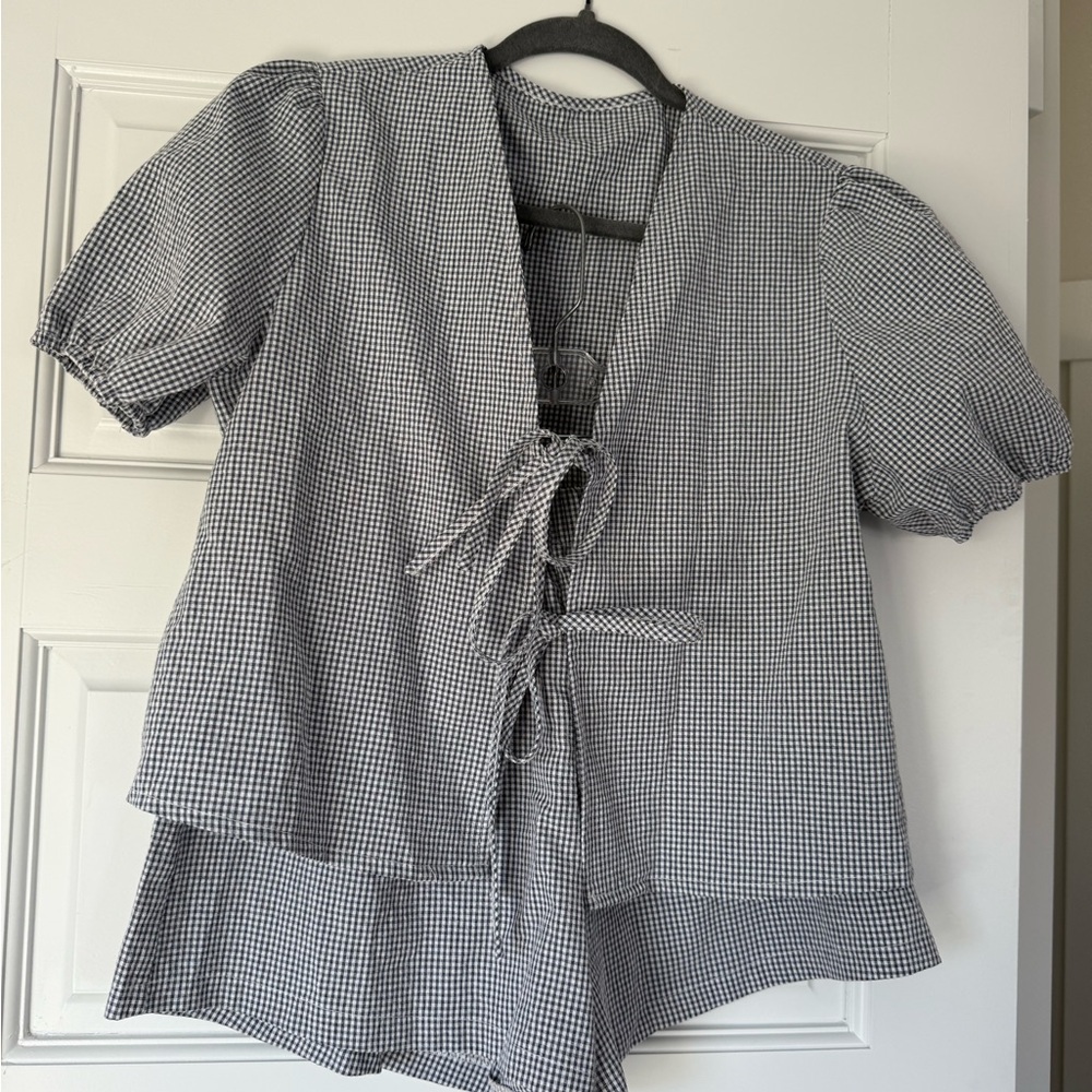Blue and White Gingham Blouse with Tie Front and shorts